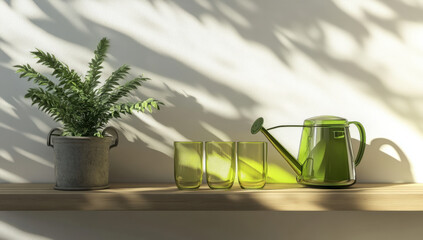 Green Watering Can and Plants on Shelf - Sunlight and Shadow