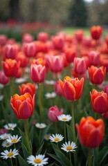 Obraz premium Vibrant display blooming red, orange tulips with white daisies in garden. Fresh spring flowers bloom with soft petals at sunlight. Natural floral scenery with various blossoms. Ideal for spring,