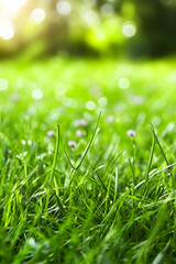 Fototapeta premium Close-up of vibrant green grass blades glowing in soft sunlight, with a blurred natural background creating a peaceful and fresh spring or summer atmosphere. 