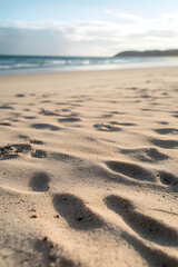 Coastal sand dunes with beach grass in focus and a scenic shoreline in the background, capturing a peaceful seaside landscape with soft natural light.
