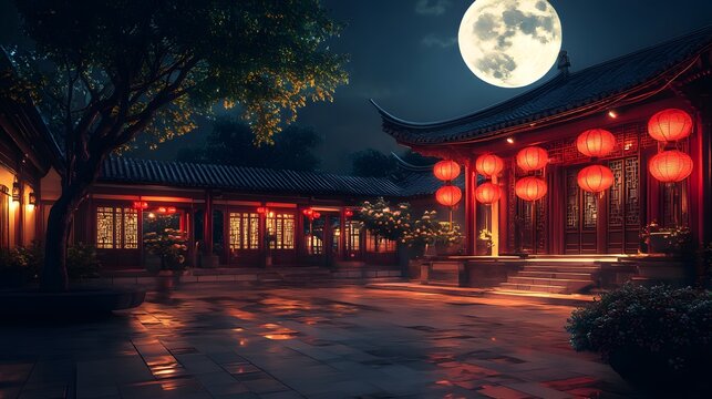 A peaceful traditional Chinese courtyard at night with red lanterns glowing and a large moon visible in the sky