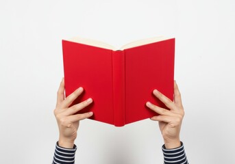 Close-up of hands holding an open, red book against a plain white background