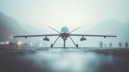 Military Drone on Runway in Foggy Weather