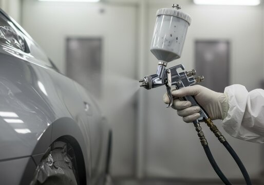 Professional auto painter applying paint to a car panel