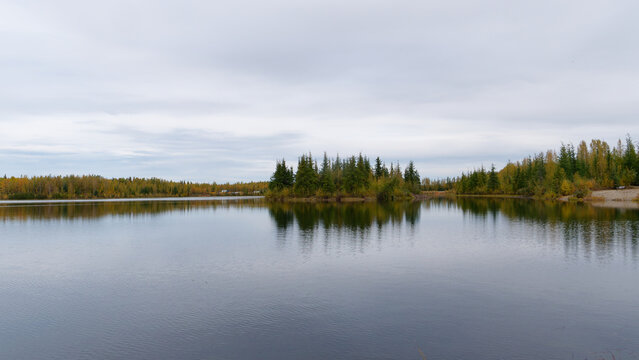 Tranquil view of the Chena Lake in autumn colors,  Fairbanks, Alaska, USA