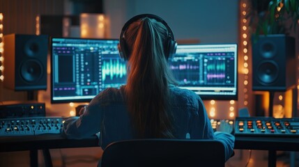 Woman Composing Music Wearing Headphones in a Recording Studio Setup