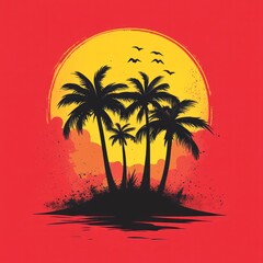 A vibrant sunset scene featuring silhouettes of palm trees