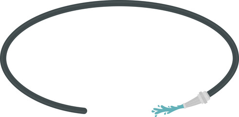 A fireman's hose spraying water following a curved path ending in an oval circle.