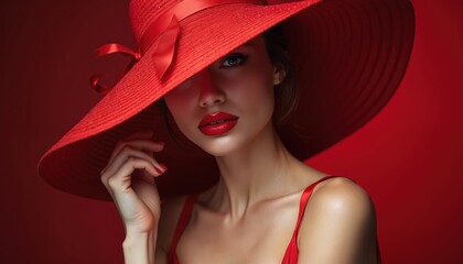 Beautiful woman in elegant red hat red lipstick. Portrait of attractive female model with make up. Classic glamorous style for fashion magazine cover. Elegant, stylish look.