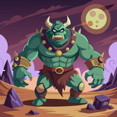Cartoon monster holding a spear under a bright full moon, set against a dark night sky.