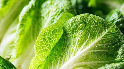Fototapeta premium Extreme close up of fresh lettuce leaves visible veins and water droplets