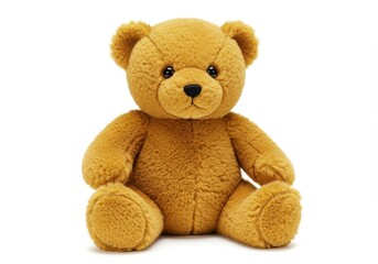 Obraz premium Cute plush teddy bear with soft golden brown fur and classic sitting pose isolated on white background