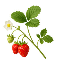Strawberry plant displaying ripe, flowering, and unripe fruits against transparent backdrop