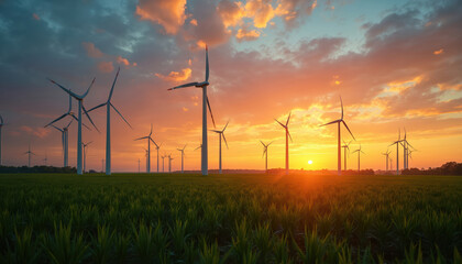 Obraz premium Wind turbines stand tall on green field under vibrant sunset sky. Renewable wind power creates clean energy. Sun sets horizon near wind farm providing electricity to homes businesses promoting