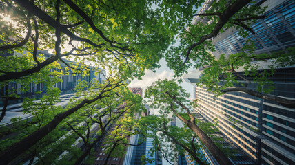 Looking Up Through Green Tree Canopy Towards Modern Skyscrapers in a City