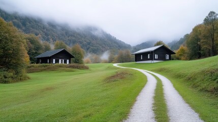 Misty valley with rustic wooden buildings and winding path