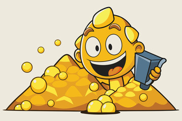 Happy cartoon character celebrating atop a large pile of gold coins while wearing a suit and a hat in a colorful vector illustration style