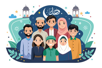 Fototapeta premium Nine diverse individuals celebrate the spirit of unity and togetherness during Ramadan in a colorful vector illustration against a festive background