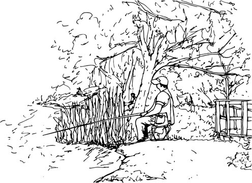 A fisherman in a cap catches fish with a fishing rod in the summer, sitting on a chair in a city pond under the trees A linear drawing made by hand, side view