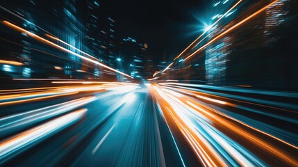 Obraz premium An energetic capture of light streaks racing through a cityscape at night, showcasing the fast-paced rhythm of urban life and the beauty of modern architecture