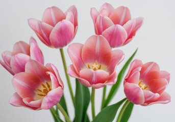 Fototapeta premium Delicate pink tulips with soft petals and green stems in elegant composition isolated on white background