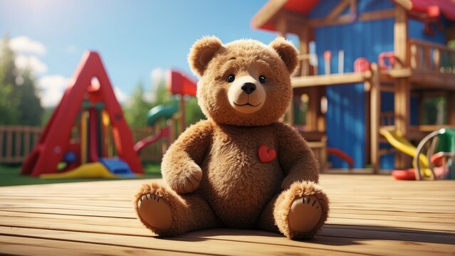 A plush teddy bear with a brown body, dark nose