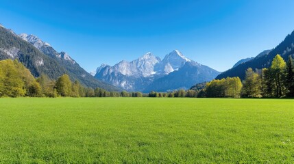 Fototapeta premium A vibrant green field stretches to a majestic mountain range. Trees line the fields edge, contrasting with the snow-capped peaks. The image is high-resolution, exhibiting clear detail and bright sunl