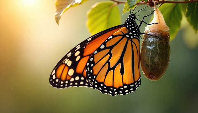 Monarch butterfly emerging from chrysalis. Butterfly with vibrant orange wings. Metamorphosis transformation, beauty of nature, wildlife, insect, life process in garden.