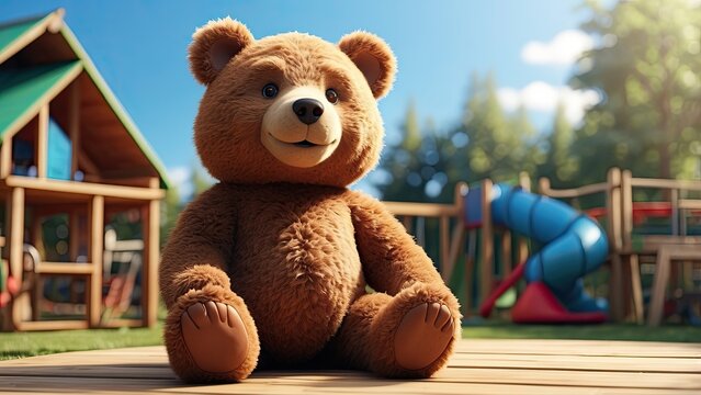 A plush teddy bear with a brown body, dark nose