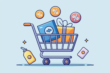 Shopping cart filled with gifts and products featuring discounts and promotions, designed as a colorful vector illustration for a modern retail environment