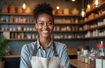 Smiling Black woman in store apron. Smiling store owner or worker with merchandise shelves. Positive attitude for customer service, small business, shop, retail, local business, entrepreneur.