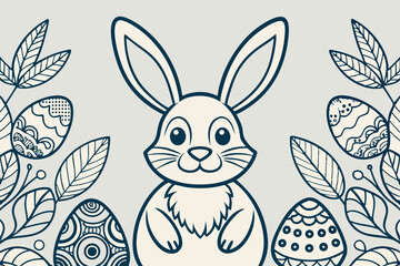 Obraz premium Cute bunny sits among decorated eggs and flowers during spring celebration, perfect for Easter festivities and coloring activities