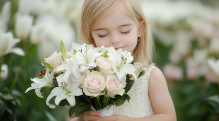 wedding bouquet. Young girl in a pastel dress shares a bouquet of roses and lilies in a serene garden at sunrise