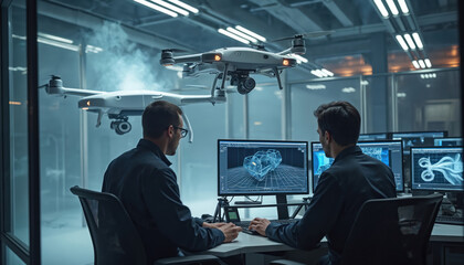 Engineers working in laboratory test aerodynamics of new development drone using wind tunnel. Computer system analyzes parameters. Concept of manufacturing UCAVs. Modern technology, high-tech
