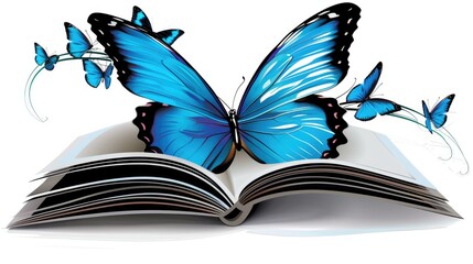 An open book with a blue butterfly 