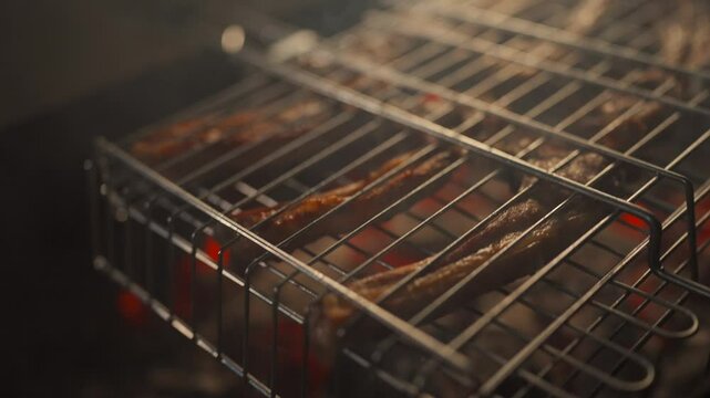 Meat is cooked on the grill, mutton on the grill, the process of cooking mutton on the grill