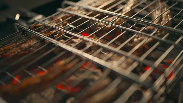 Meat is cooked on the grill, mutton on the grill, the process of cooking mutton on the grill