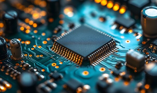 Macro shot showcasing the intricate details of a computer circuit board