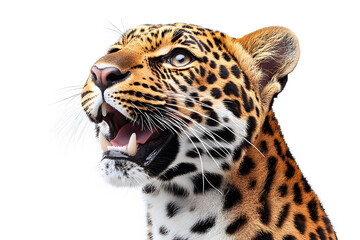 Obraz premium Leopard Portrait with Open Mouth on White Background for Wildlife Art and Conservation Themes