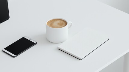 Minimalist workspace with coffee, phone, and notebook