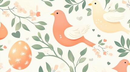 Decorative Bird and Egg Pattern with Floral Elements on Soft Background