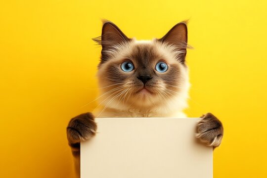 Cat in ad concept. Mockup pose in studio. Isolated cat on a solid dress code yellow background. Ð¡ute adult cat birman hold in front paws a concept - large white lane sign. Funny cat commerci.