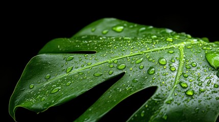 A close-up of raindrops on green leaves in a rainforest