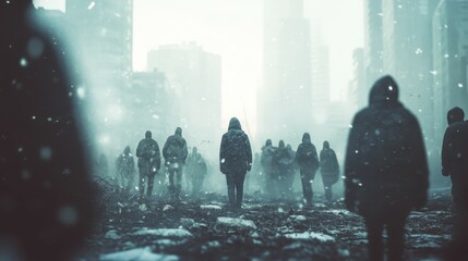 A Gloomy Winter Cityscape: People Walking in the Snow