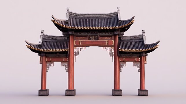A detailed rendering of a traditional chinese paifang gate with intricate roof and red support columns