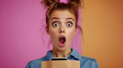 Shocked woman with mouth open, holding a paper bag and phone