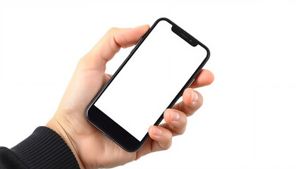 Hand Holding Smartphone with modern design in black and white, representing technology and connectivity, on a white background.