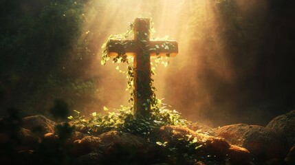 Fototapeta premium Stone Cross in Forest with Vines and Sunlight Streaming Through Trees