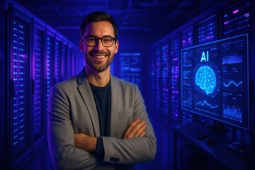 Fototapeta premium Expert in artificial intelligence smiles confidently in a high-tech server room with glowing displays