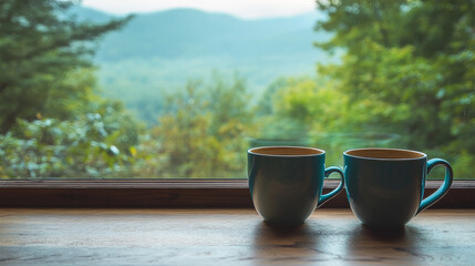 A pair of coffee cups on a table with a scenic window view in the background